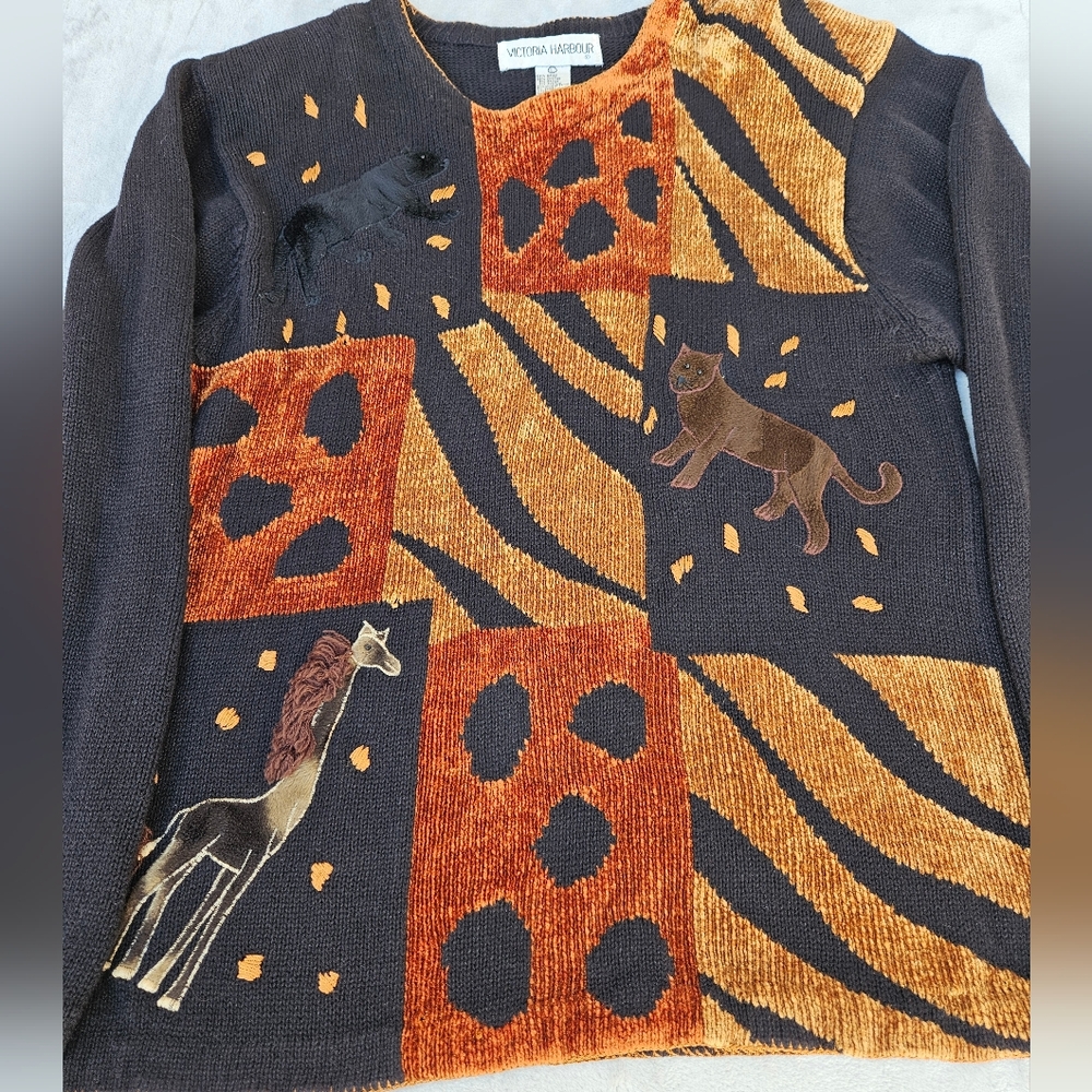 Vtg Victoria Harbour Animal Patchwork Sweater in Black and Burnt Orange Wmns L - Picture 1 of 12